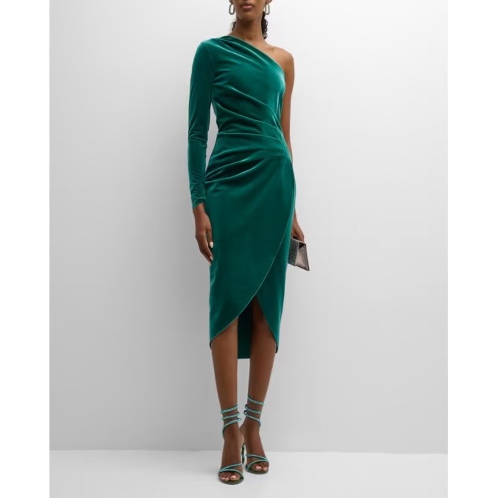 Chiara Boni La Petite Robe Agapios Pleated Velvet One Shoulder Midi Dress